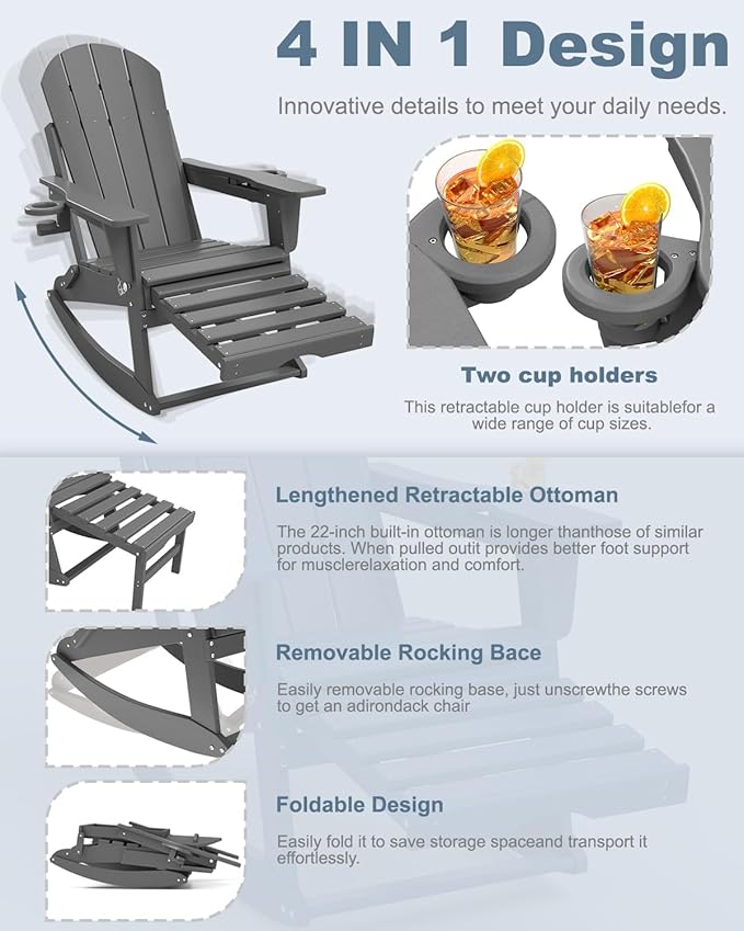 Adirondack Rocking Chairs Set of 8 with Retractable Ottoman, All Weather Folding Adirondack Chair with Two Cup Holders, Adirondack Outdoor Rocking Chairs for Porch, Patio, Balcony. Grey