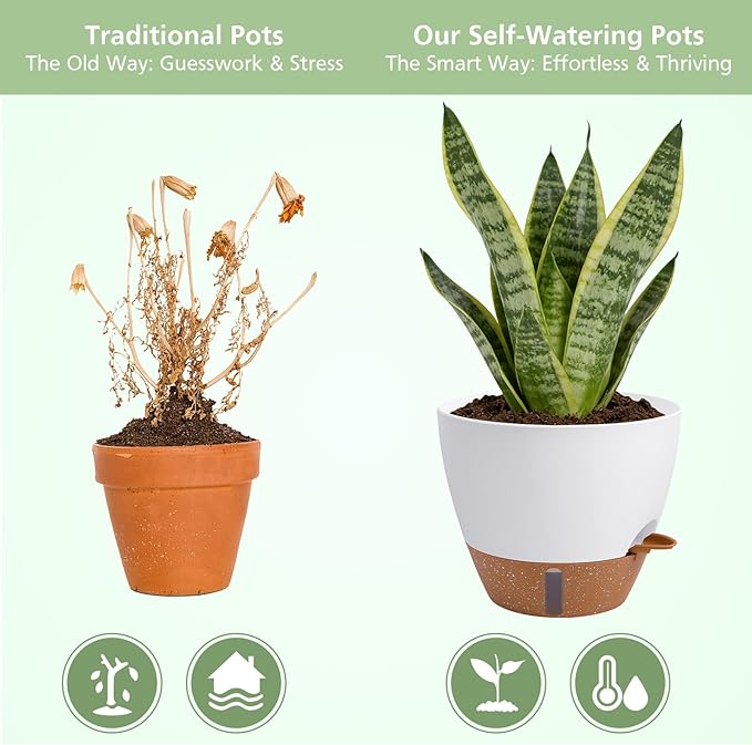 Self Watering Planters Set with Water Level Indicator, 12" 10" 9" 8" Large Plastic Flower Pots with Mesh Drainage Hole and Removable Saucer Reservoir for Indoor Outdoor Plants (White)