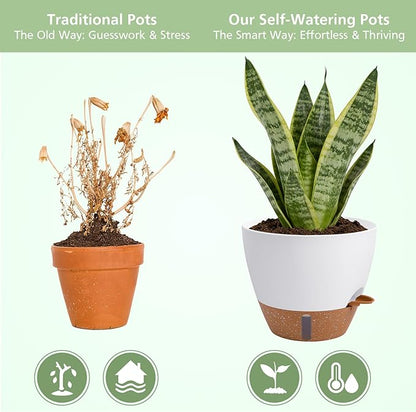 Self Watering Planters Set with Water Level Indicator, 12" 10" 9" 8" Large Plastic Flower Pots with Mesh Drainage Hole and Removable Saucer Reservoir for Indoor Outdoor Plants (White)