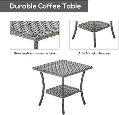 Rilyson Patio Tables Outdoor Coffee Table - Wicker Rattan Side Tables with 2-Tier Storage Shelf End Table for Porch Deck Balcony Garden Outside Square Mixed Grey