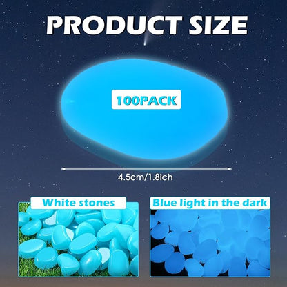 Landical 100 Pcs Large Glow in The Dark Rocks Pebbles Outdoor Fish Tank Rocks Aquarium Gravel Luminous Stones for Walkway Succulent Plant Halloween Decor (Light Blue,1.8 Inch)