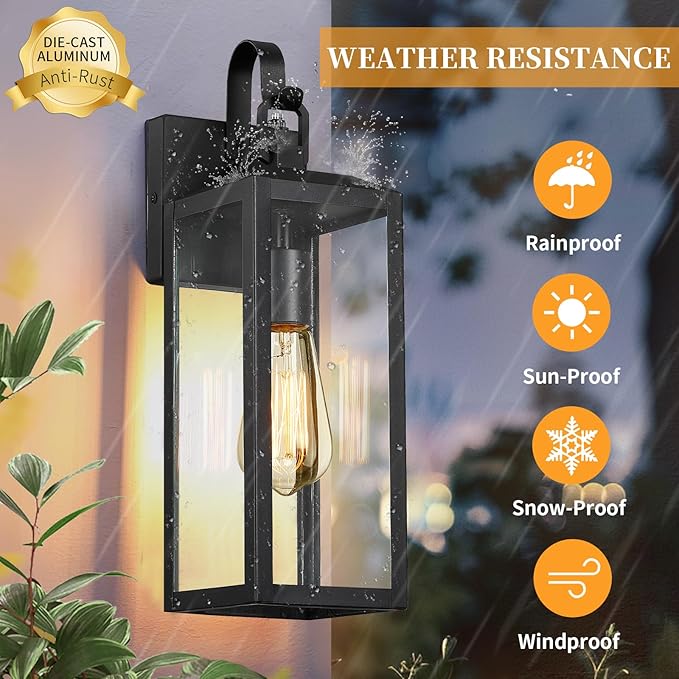 16'' Large Dusk to Dawn Outdoor Lighting 2 Packs, Modern Outdoor Lanterns for Porch, Waterproof Exterior Light Fixture Wall Sconces Lamps, Outside Lights for House Patio, Garage, Farmhouse, Black
