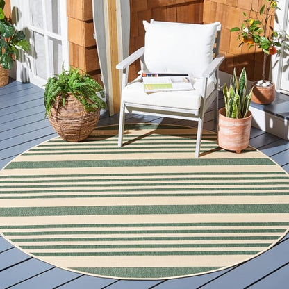 SAFAVIEH Washable Rug Outdoor Courtyard Collection - 6'7" Round, Beige & Dark Green, Non-Shedding & Easy Cleaning, Ideal for Patio, Backyard, Mudroom (CY6062-322)