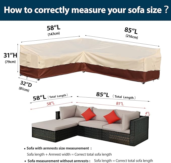Outdoor Patio Furniture Covers, Waterproof Rip-Stop Anti-UV 600D Heavy Duty Outdoor Couch Cover with 3 Air Vent, L-Shaped-Left Facing-58''X85'', Beige & Reddish Brown