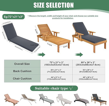 Chaise Lounge Cushions Outdoor Set of 2 - Waterproof and Fade Resistant Sun Lounger Replacement Cushions - Patio Lounger Pads with Removable Cover for Pool, Deck, 80 x 26 x 3 Inch, Dark Grey
