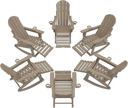 Adirondack Rocking Chairs Set of 6 with Retractable Ottoman, All Weather Folding Adirondack Chair with Two Cup Holders, Adirondack Outdoor Rocking Chairs for Porch, Patio, Balcony. Brown