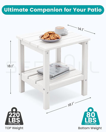 SERWALL 2-Tier HDPE Outdoor Side Table with Umbrella Hole, Weatherproof Rectangular Adirondack Side Table, White
