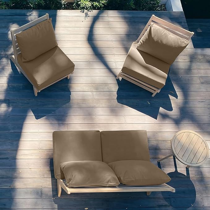 Sundale Outdoor Olefin Deep Seat Cushion Set of 2, Patio Chair Cushion and Pillow, Water-Resistant Sectional Sofa Pad with Straps Khaki, 24 x 24 x 6 Inches