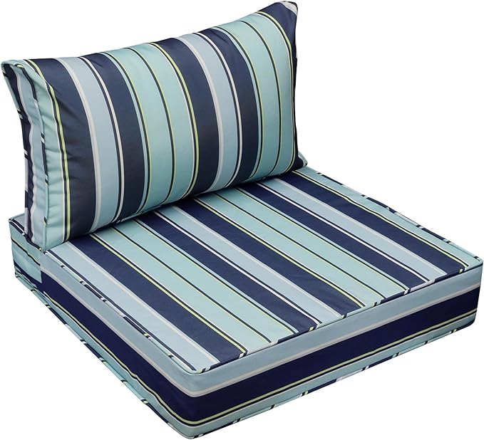 AAAAAcessories Outdoor Seat Cushions for Chairs, Fade-Resistant, Waterproof Patio Furniture Replacement Cushions, 23" x 23" x 5" + 23" x 13.5", Ash Teal Seaside Stripe