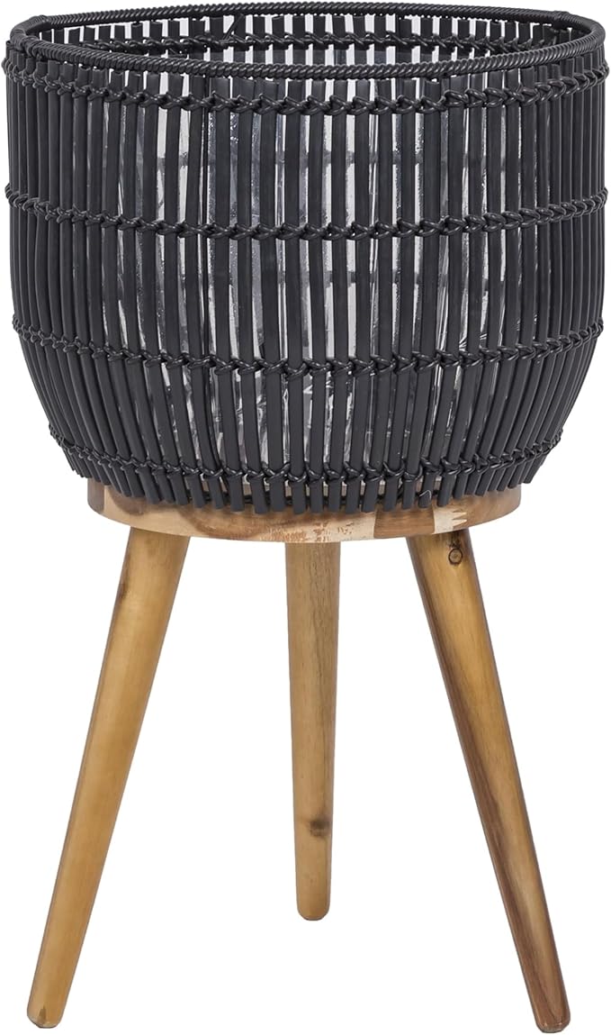 Round Resin Planter with Stand, 13.5 Inch Black Woven Rattan Look Planter and Wood Legs