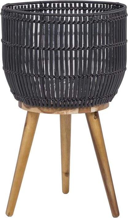 Round Resin Planter with Stand, 13.5 Inch Black Woven Rattan Look Planter and Wood Legs