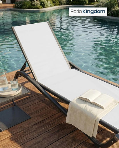 3-Piece Patio Chaise Lounge Set with Side Table, Set of 2 Adjustable Pool Chairs and Aluminum Bistro Table, All-Weather Outdoor Furniture for Pool Deck, Patio & Tanning, White