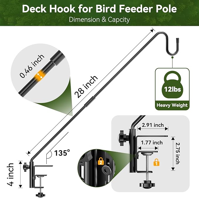 Heavy-Duty Adjustable Deck Railing Hook – 28" Rotating, Clamp-Mount Hanger for Bird Feeders, Wind Chimes & Hanging Plants (Fits Up to 2.75", 12 lbs)