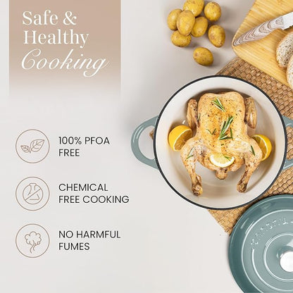 Nuovva Enamelled Cast Iron Dutch Oven Pot with Lid 6.4 Quart Non Stick Casserole Pot-Heavy Duty & Oven Safe up to 500° F for Bread Baking, Braising, Stews, Roasting - 28cm Sea Salt