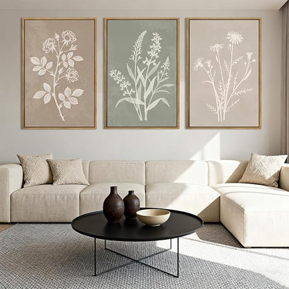 Anyzal Boho Floral Framed Wall Art 12x16 Inch,Farmhouse Flower Botanical Canvas Wall Decor,Retro Floral Art Print,Minimalist Wildflower Boho Plant Artwork for Living Room Bedroom Dining Room Set of 3