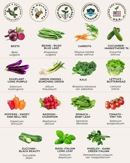Tactiko Survival 15 Vegetable Seed Kit Varieties for Small Urban Garden, Balconies & Patios - Non-GMO, Heirloom - Popular USA-Grown Dwarf Seeds for Planting Vegetables - Indoor, Outdoor