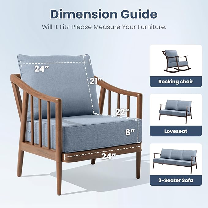 Outdoor Chair Cushions, 6 Inch Thick Patio Seat & Back Cushions Set with Removable Cover, Waterproof Patio Cushions for Outdoor Furniture, 22 x 24 Inch, Baby Blue 1-Set