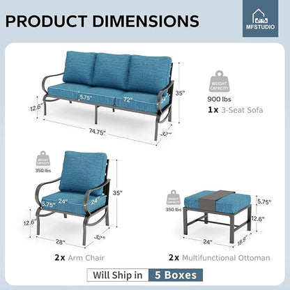 MFSTUDIO 5 Pieces Patio Conversation Sets, 7 Seats Metal Patio Furniture Sets with 1 x 3-Seat Sofa, 2 x Sofa Chairs, 2 x Ottoman, All Weather Patio Sets with 5.75inch Peacock Blue Cushion for Garden