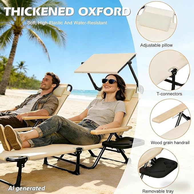 Folding Lounge Chair with Adjustable Canopy, Portable Sun Lounger with 4-Position Reclining Back, Outdoor Chaise Lounge with Arms, Tanning Chair for Beach Poolside Backyard Camping, 440LBS (Beige B)