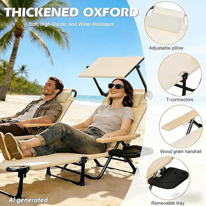 Folding Lounge Chair with Adjustable Canopy, Portable Sun Lounger with 4-Position Reclining Back, Outdoor Chaise Lounge with Arms, Tanning Chair for Beach Poolside Backyard Camping, 440LBS (Beige B)