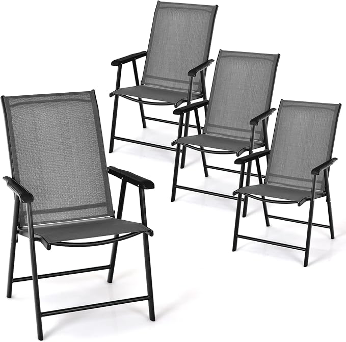 Tangkula Set of 4 Patio Folding Chairs, Outdoor Fabric Dining Chairs with High Back & Armrests, Sturdy Metal Frame for Patio Lawn Garden (Grey)