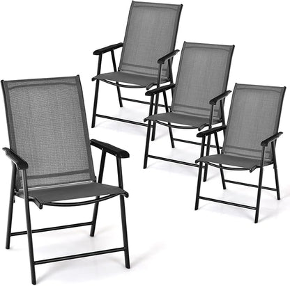 Tangkula Set of 4 Patio Folding Chairs, Outdoor Fabric Dining Chairs with High Back & Armrests, Sturdy Metal Frame for Patio Lawn Garden (Grey)