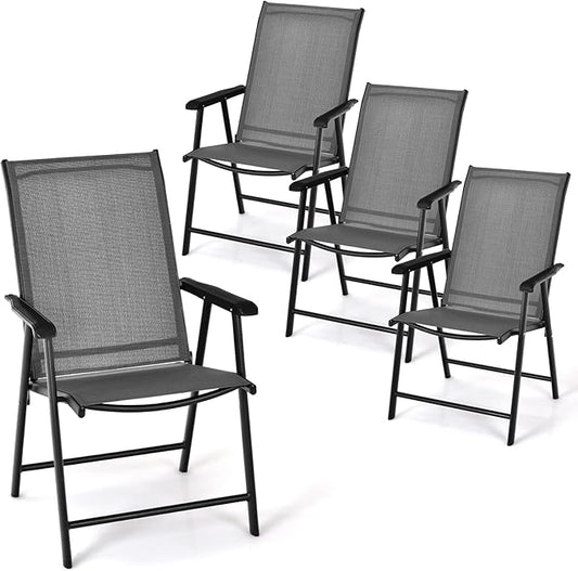 Tangkula Set of 4 Patio Folding Chairs, Outdoor Fabric Dining Chairs with High Back & Armrests, Sturdy Metal Frame for Patio Lawn Garden (Grey)