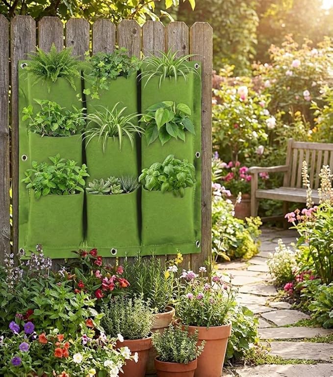 WFIST Vertical Hanging Planter Bag, Breathable Felt Wall Garden Planter with Metal Grommets, Indoor/Outdoor Space-Saving Herb & Flower Growing Pouch (9-Pocket)