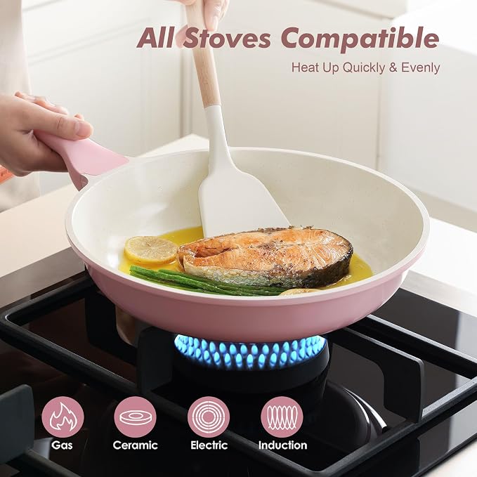 SENSARTE Nonstick Ceramic Frying Pan with Lid 9.5 Inch Omelet Pan Skillet, Free of Intentionally Added PFAS/PTFE Non-toxic Chef's Pan Induction Compatible Pan, Heat Resistant Handle, Sakura Pink