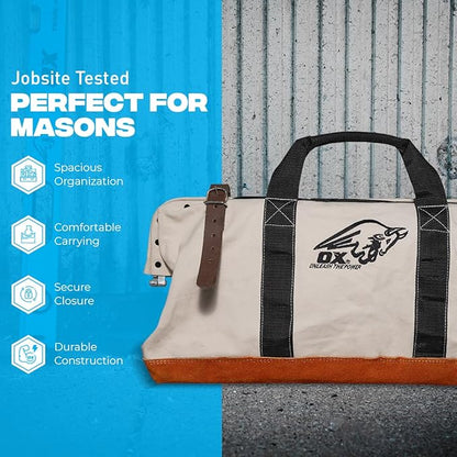OX Tools Large Canvas Tool Bag 24 Inch Wide with Heavy Duty Masonry Tool Bag Straps and Reinforced Frame with Suede Leather Bottom for Construction Workers OX-P262924