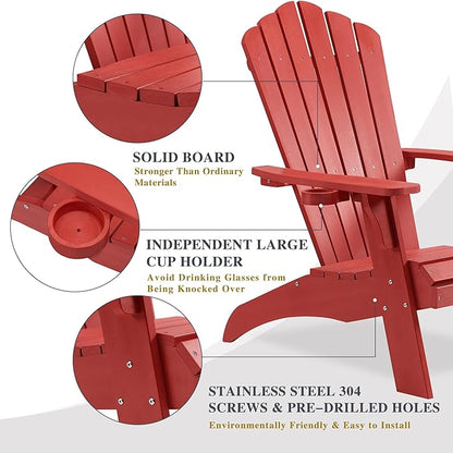 Psilvam Adirondack Chair, Oversized Poly Lumber Fire Pit Chair with Cup Holder, 350Lbs Support Patio Chairs for Garden, Weather Resistant Outdoors Seating, Relaxing Gift for Father & Mother (Red)