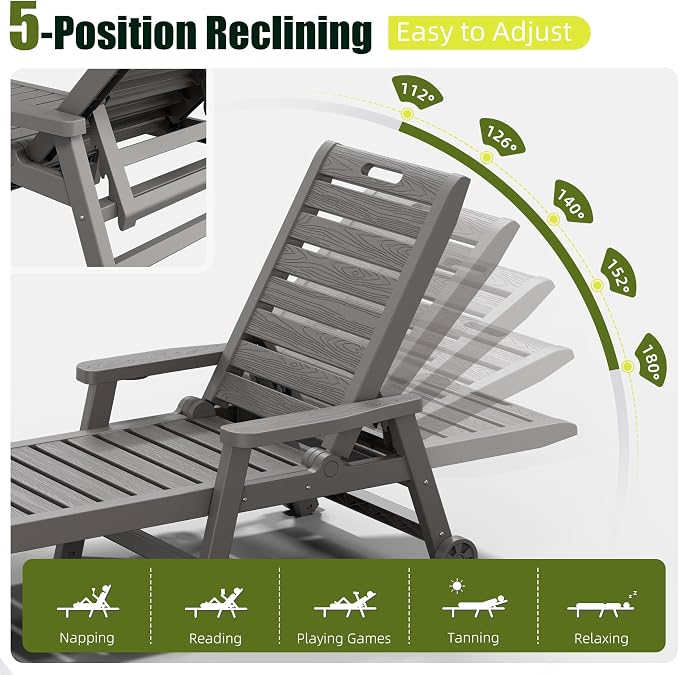 Patio Lounge Chairs Set of 2, Outdoor Chaise Lounge with Cup Holder | 5-Position Reclining, Easy-Glide Lockable Wheels, Built-In Cup Holder with Armrests, Patio Garden, Beach Pool-Side, Rust-Free
