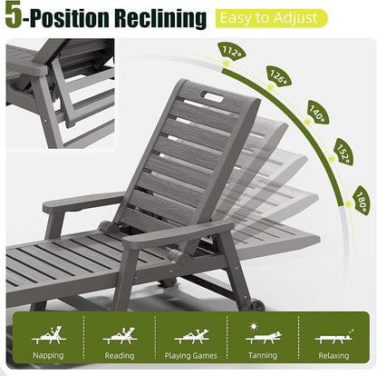 Patio Lounge Chairs Set of 2, Outdoor Chaise Lounge with Cup Holder | 5-Position Reclining, Easy-Glide Lockable Wheels, Built-In Cup Holder with Armrests, Patio Garden, Beach Pool-Side, Rust-Free