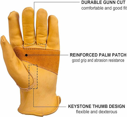 OZERO Leather Work Gloves for Men, Cowhide Gardening Gloves with Reinforced Palm, Flexible Keystone Thumb, Elastic Wrist