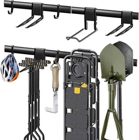 Mimoke Garage Wall Organizer with Steel Rails and Aluminum Hooks Heavy Duty 300 lbs Capacity for Garden Tools Storage