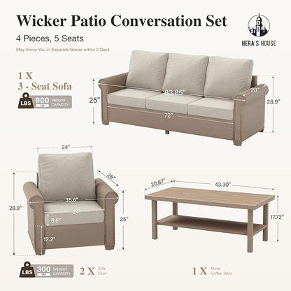 HERA'S HOUSE 4-Piece Patio Furniture Set, All Weather 5 Seats Outdoor Wicker Sofa with 44" Coffee Table, 5.5" Thick Waterproof Cushion Conversation Couch Set for Garden Deck Backyard, Beige
