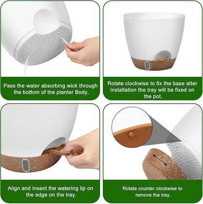 QRRICA Plant Pots 8/7/6.5/6/5.5/5 Inch Self Watering Pots, with Drainage Holes and Saucers,Water Level Indicator & Deep Reservoir,Large Plastic Planter for Indoor Out Door Plants (White)