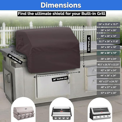 Covers & All Built-in Grill Cover for Outdoor Grill – Heavy Duty 12 oz Waterproof Built-in BBQ Grill Cover, PVC-Coated Polyester with Elastic Hem for Snug Fit (36 x 26 x 14 inches, Coffee)
