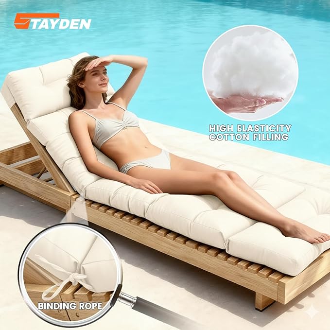 Outdoor Lounge Chair Cushions, Chaise Lounge Chair Cushions Replacement for Patio Furniture with Ties Waterproof Fabric Pool Chasie Cushion 74.4 x 22 x 4.7 Inches (White)