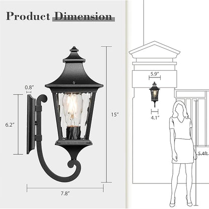 Emliviar Outdoor Light Fixture Wall Mount, 15 Inch 1-Light Exterior Wall Sconce Light with Water Ripple Glass, Black Finish, XE292UB-SW BK