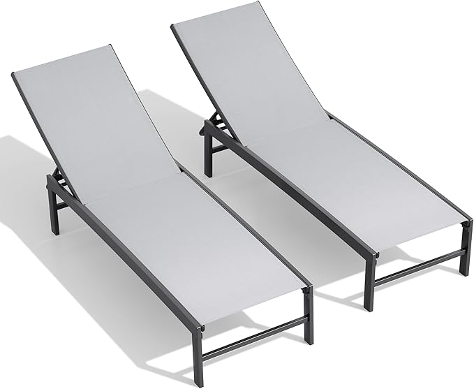 Crestlive Products Chaise Lounge Chair Outdoor Set of 2, Adjustable 5 Positions Pool Tanning Recliner, Outdoor Lounge Furniture Perfect for Patio, Beach, Yard, Pool