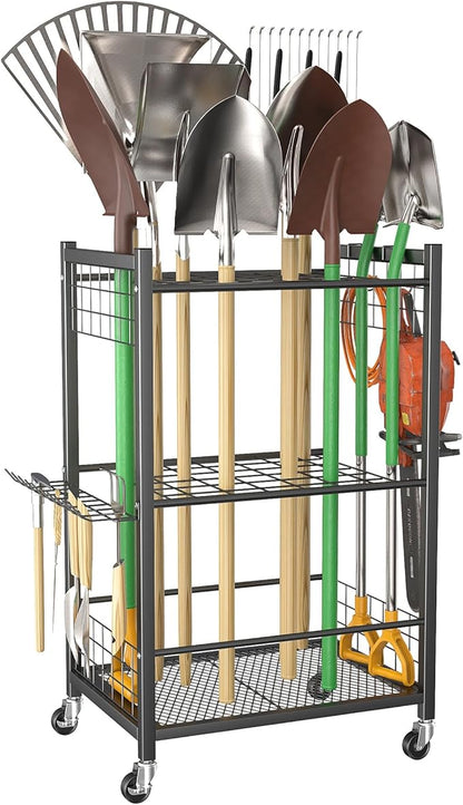 WALMANN Garden Tool Organizer with Wheels for Garage, Rakes/Shovels/Yard Tools Storage Stand for Garden, Yard, Indoor/Outdoor Long-Handled Tools Rolling Cart(Tool stand)