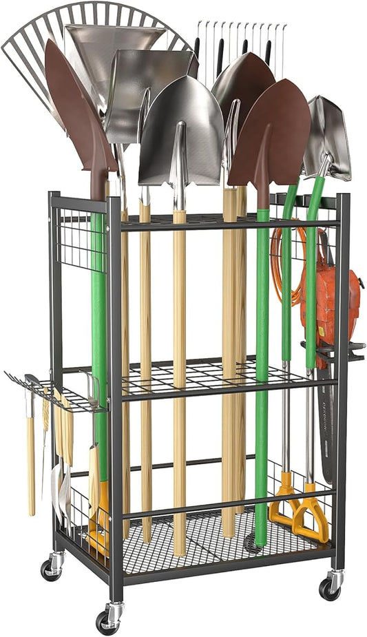 WALMANN Garden Tool Organizer with Wheels for Garage, Rakes/Shovels/Yard Tools Storage Stand for Garden, Yard, Indoor/Outdoor Long-Handled Tools Rolling Cart(Tool stand)
