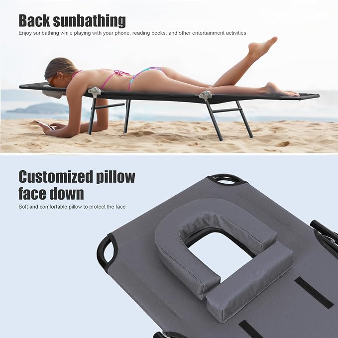 Patio Lounge Chair Reclining Folding Chaise for Indoor Outdoor Adjustable Portable Chair Removable Pillow, Sunbathing Chair for Patio, Poolside, Lawn, Beach Grey