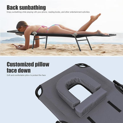 Patio Lounge Chair Reclining Folding Chaise for Indoor Outdoor Adjustable Portable Chair Removable Pillow, Sunbathing Chair for Patio, Poolside, Lawn, Beach Grey