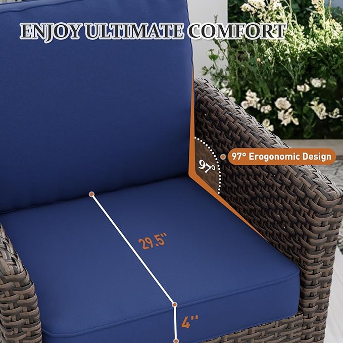 Canyon Ridge 3 Piece Outdoor Patio Bistro Set with Swivel Rocking Chairs and Side Table, Outdoor Furniture Set, Brown/Blue