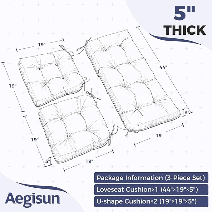 Wicker Chair Cushions of 3 Pieces, Waterproof Cushions for Patio Furniture, Tufted Wicker Outdoor Furniture Cushions, 1 Patio Loveseat Cushion and 2 U-Shaped Cushions, 44"x19"x5", Dark Green