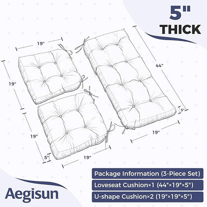 Wicker Chair Cushions of 3 Pieces, Waterproof Cushions for Patio Furniture, Tufted Wicker Outdoor Furniture Cushions, 1 Patio Loveseat Cushion and 2 U-Shaped Cushions, 44"x19"x5", Black