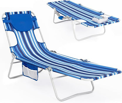 #WEJOY Folding Tanning Chair with Face Hole, 5 Positions Face Down Beach Lounge Chairs with Pillow for Outside Sunbathing Poolside (Blue/White)