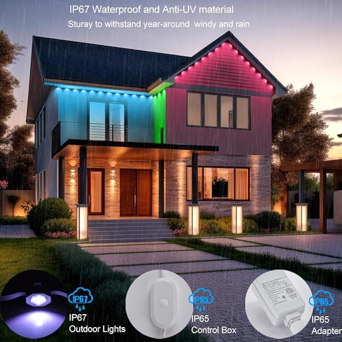Permanent Christmas Outdoor Lights for House, 100ft RGB+IC and Tunable White Warm to Cool Color Changing Exterior Lighting, IP67 72 LED Eave Lights for Holiday, Christmas, Daily Lighting